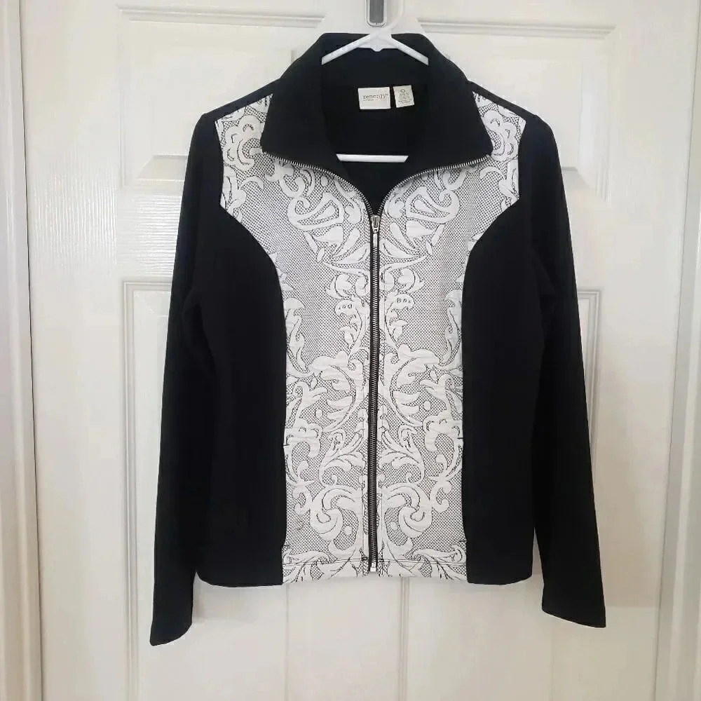 Chico's Zenergy Black with White Paisley Zip Up